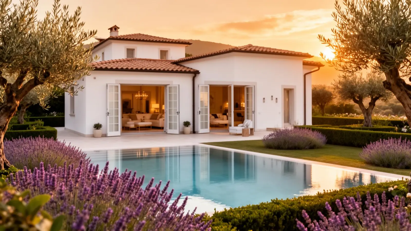 Villa perfettamente curata al tramonto con piscina e giardino