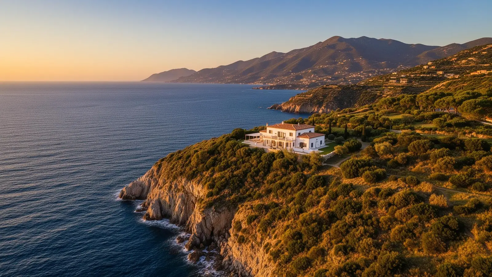 Villa sull'Elba al tramonto dorato, perfettamente curata